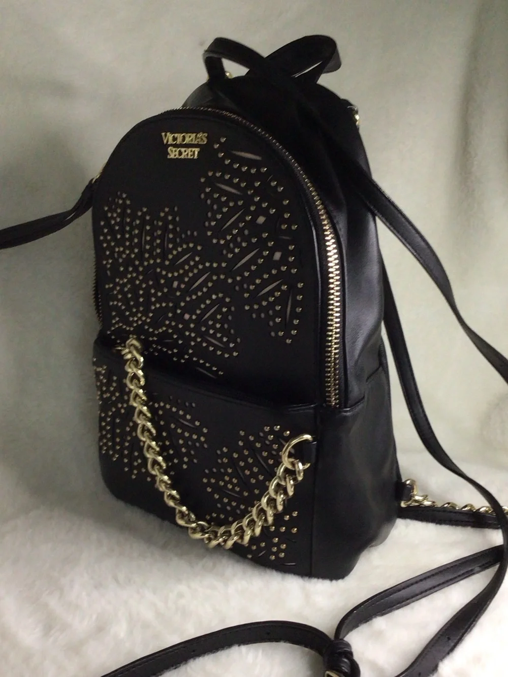Victoria's Secret Black Mini Backpack with Gold Studs & Chain